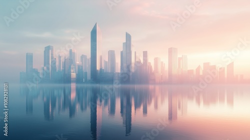 Futuristic cityscape reflecting on water at sunset