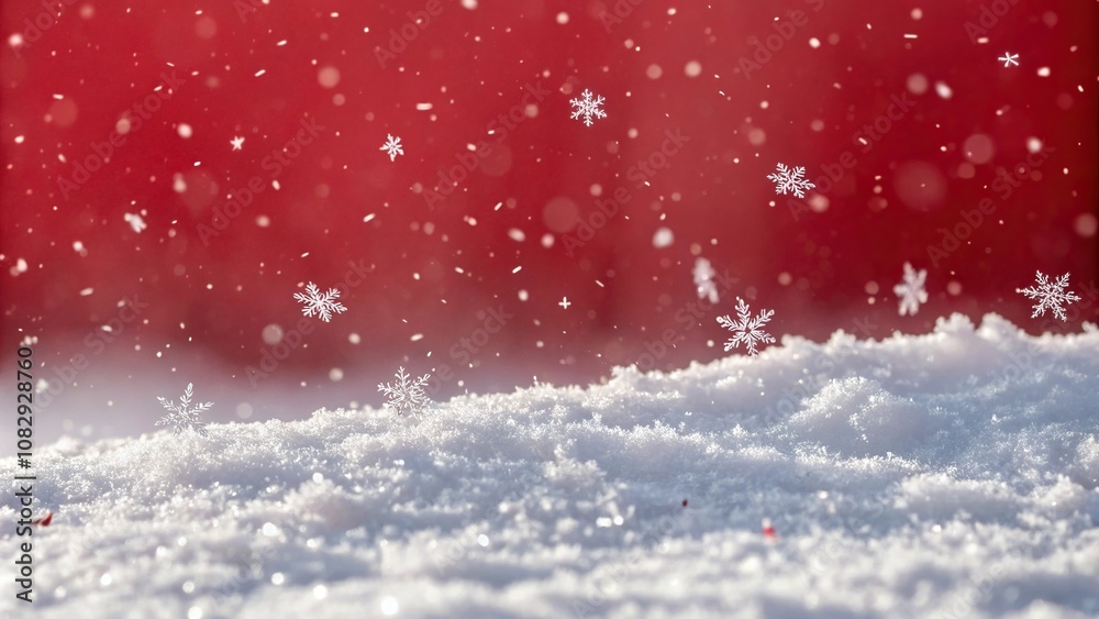 A gentle flurry of small snowflakes settles on a bright red gradient background in a magical and festive winter environment, gradient, scene A gentle flurry of small snowflakes settles on a bright red gradient background in a magical and festive winter environment, gradient, scene