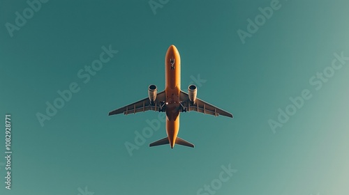 Low-angle view of a passenger airplane with orange fuselage flying overhead against a clear teal sky, showcasing aerodynamic design and symmetry.