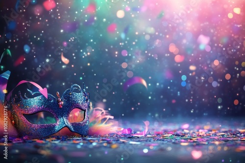 Colorful glitter mask lying on a vibrant festival floor scattered with confet...