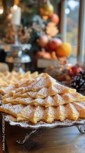 Delicious pastry dessert garnished with powdered sugar on a rustic wooden tab...