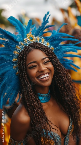 A joyful participant in vibrant costume with elaborate feathers at a festival...