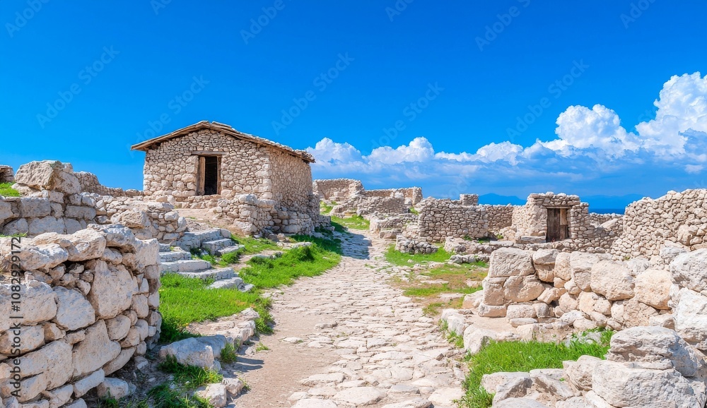Fototapeta premium Ruins of abandoned Berber granaries in Ksar Daghar, Tunisia, representing traditional North African architecture