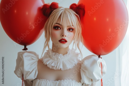 Woman holding red balloons in a playful costume against a textured background