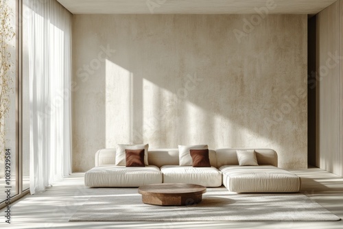 Bright and inviting living room with large windows and cozy furnishings in a ...