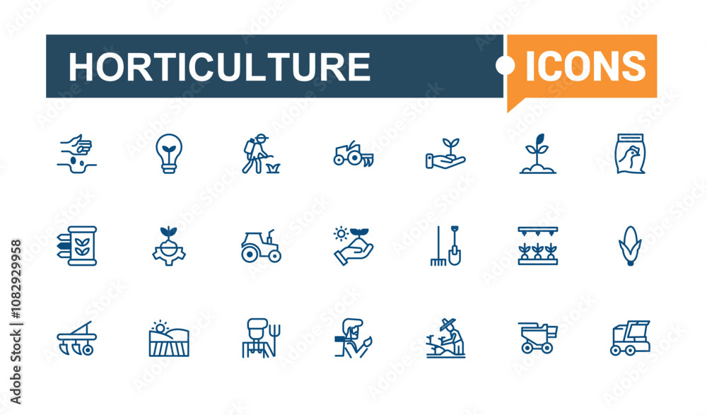 Horticulture icon set. Containing Agriculture, sunflower, fruit, farmer, rain, crop and more. Thin linear style icons. Vector illustration in modern line style. Horticulture icon set. Containing Agriculture, sunflower, fruit, farmer, rain, crop and more. Thin linear style icons. Vector illustration in modern line style.
