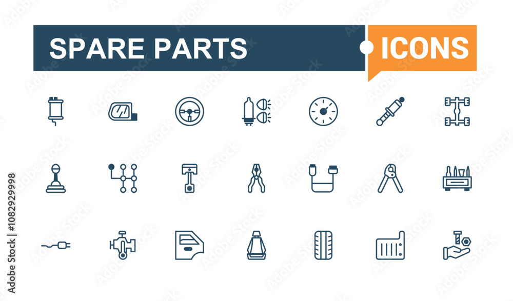 Set of Spare Parts line icons. Contains related to auto, service, thin, engine, repair, equipment, wheel and more. Outline icons pack. Vector line and solid icons. Set of Spare Parts line icons. Contains related to auto, service, thin, engine, repair, equipment, wheel and more. Outline icons pack. Vector line and solid icons.