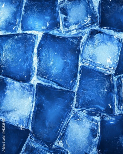 Close-up of a grid of ice cubes, with a blue, cool tone and a textured surface. photo