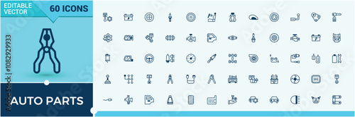 Auto Parts solid line web icon set. Includes thin line isolated, oil, tire, air, automotive icon and more. Collection for mobile and web apps. Outline and solid pictogram.