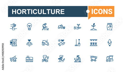 Horticulture icon set. Containing Agriculture, sunflower, fruit, farmer, rain, crop and more. Thin linear style icons. Vector illustration in modern line style.