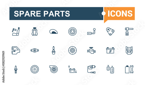 Set of Spare Parts line icons. Contains related to auto, service, thin, engine, repair, equipment, wheel and more. Outline icons pack. Vector line and solid icons.