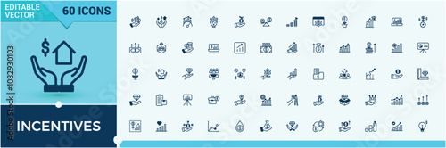 Incentives line icon collections. Includes thin line quality, incentive, vacation, pay, health and more. Pixel perfect. Editable vector outline and solid icons.