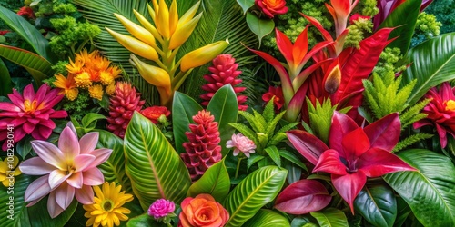 Vibrant Tropical Floral Arrangement with Lush Green Foliage, Floral Design, Tropical Plants