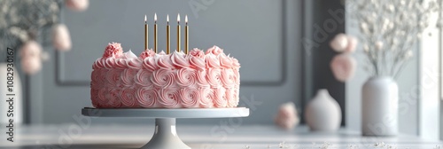 Elegant pink ruffled cake with candles displayed on a cake stand in a cozy se...