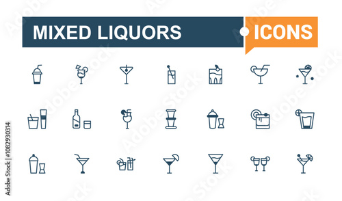 Mixed Liquors icons in linear style. Contains related to lemon, fresh, tequila, cosmopolitan, cocktail, wine, whiskey, beer. Modern thin icons. Outline and solid pictogram.