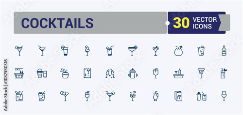 Cocktails icons. Containing alcohol, liquor, ice, bar, beverage and more. Minimal linear icons. Solid line editable stroke.
