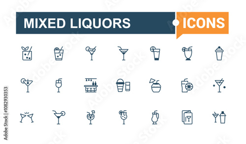 Mixed Liquors icons in linear style. Contains related to lemon, fresh, tequila, cosmopolitan, cocktail, wine, whiskey, beer. Modern thin icons. Outline and solid pictogram.