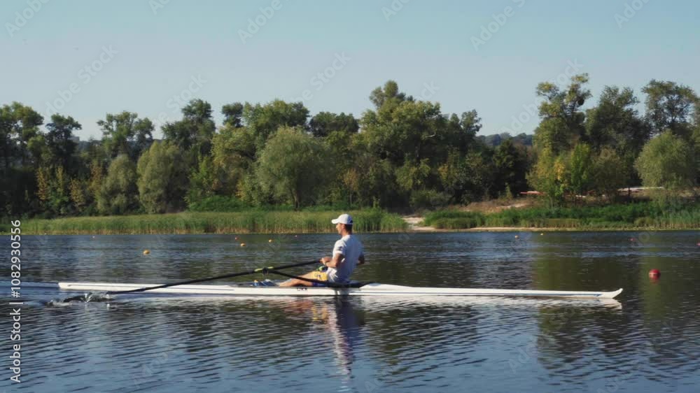 Rower solo training. Side view of young caucasian male rower, during a rowing practice, athlete sitting in a boat in the river Dnipro, rows through a calm water in autumn. 4k footage. Caucasian man tr Rower solo training. Side view of young caucasian male rower, during a rowing practice, athlete sitting in a boat in the river Dnipro, rows through a calm water in autumn. 4k footage. Caucasian man tr