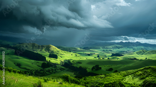 Fototapeta Naklejka Na Ścianę i Meble -  Spellbinding Panorama of Imminent Rain Showers Under a Sunlit Sky in New Zealand's Lush Landscape