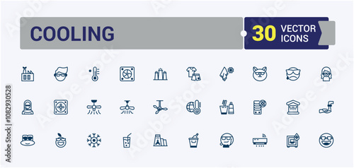 Cooling vector line icon set. Includes thin line house, cold, climate, dry, condition and more. Simple icon designs. Vector outline and solid icons collection.