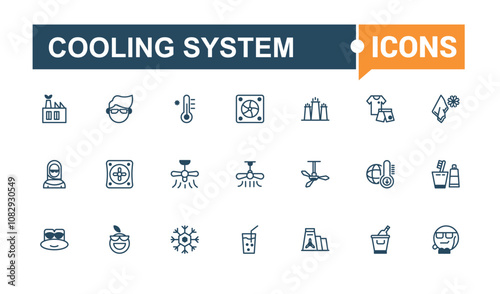 Cooling System line web icon set. Featuring condition, snow, ice, purify, fan, conditioner, snowflake. Simple line and solid vector. Vector illustration in modern line style.