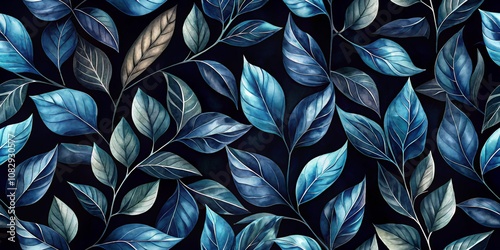 Watercolor Blue Leaf Seamless Pattern, Tropical Leaves, Dark Background, Floral Design, Nature, leaves, pattern