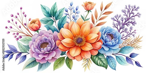 Watercolor Floral Bouquet Orange, Purple, and Blue Flowers with Green Leaves, watercolor painting, botanical illustration, floral art, flower bouquet