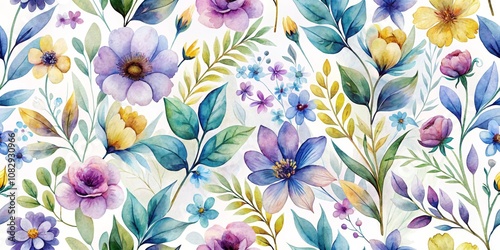 Watercolor Floral Seamless Pattern - Purple, Yellow, Blue Flowers and Green Leaves, floral pattern, watercolor art