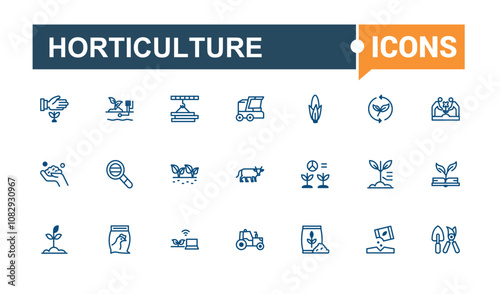 Horticulture icon set. Containing Agriculture, sunflower, fruit, farmer, rain, crop and more. Thin linear style icons. Vector illustration in modern line style.