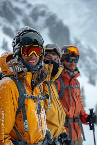 Three friends, equipped with ski gear and vibrant jackets, share smiles while standing on a snowy mountain. The atmosphere conveys a sense of adventure and camaraderie in a stunning winter landscape