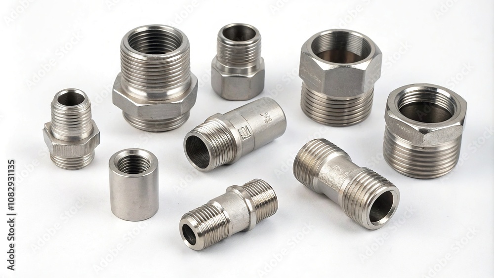 A group of metal fittings such as elbows, tees, and couplings arranged in a pattern, drainage, fixtures, engineering, irrigation A group of metal fittings such as elbows, tees, and couplings arranged in a pattern, drainage, fixtures, engineering, irrigation