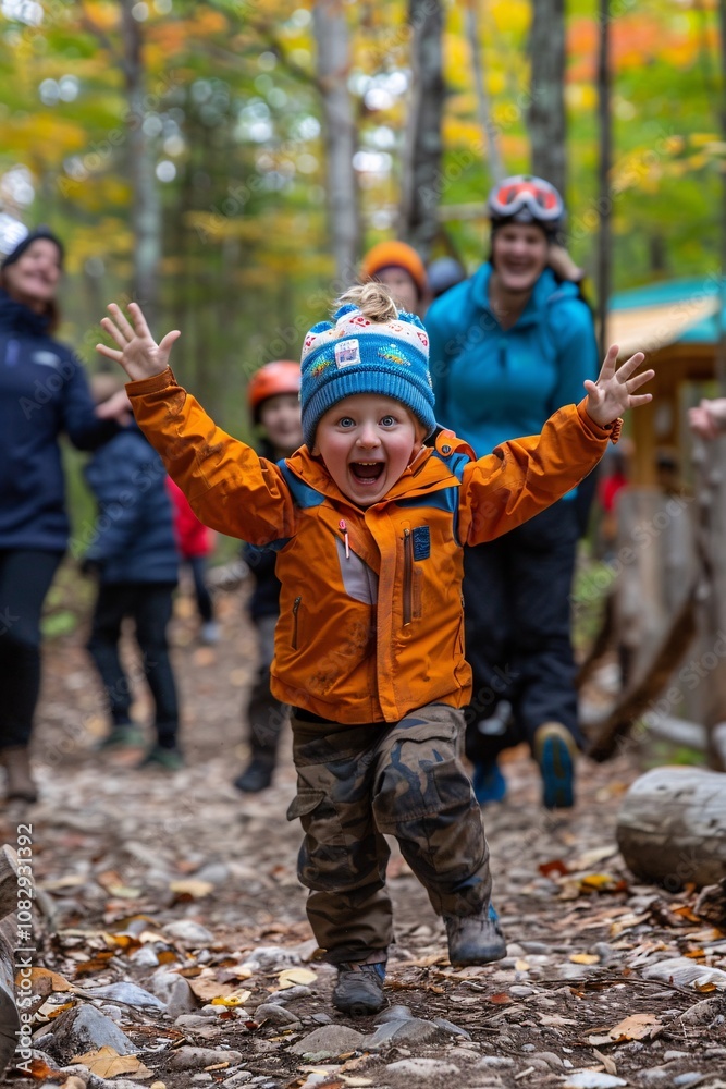 A joyful child in an orange jacket and blue hat runs excitedly down a forest path, surrounded by a group of adults and children enjoying an outdoor activity on a colorful autumn day A joyful child in an orange jacket and blue hat runs excitedly down a forest path, surrounded by a group of adults and children enjoying an outdoor activity on a colorful autumn day