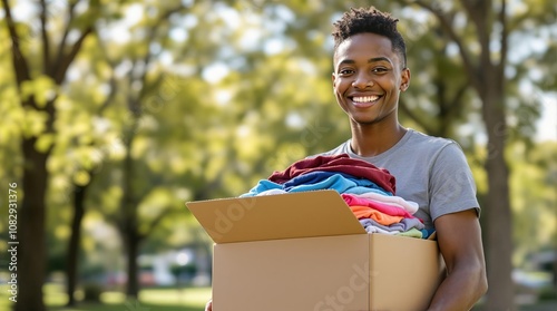 Smiling volunteer holding box of donated clothing outdoors in sunny park