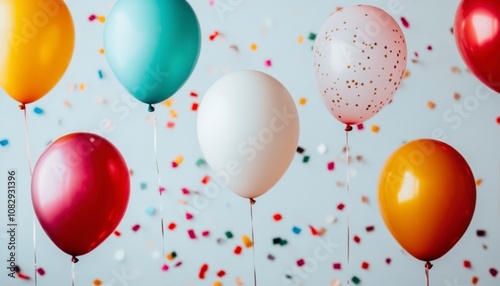 Colorful balloons with confetti on a light blue background.