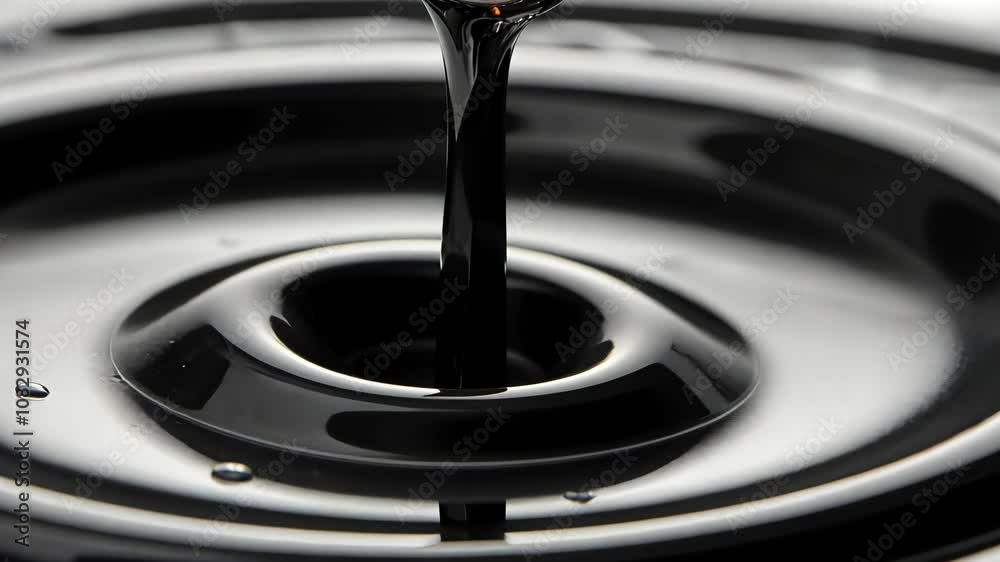 A single drop of black liquid falls into a pool, creating ripples
