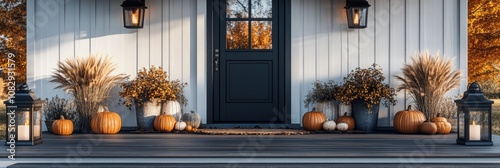 Autumn decorations featuring pumpkins and lanterns on a welcoming front porch...