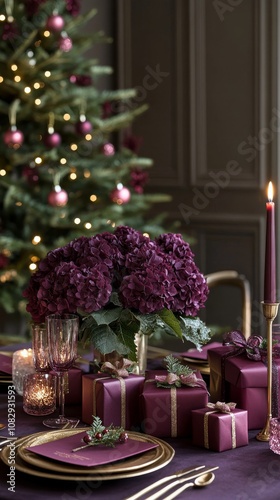 Festive table setting with hydrangeas and candles for a cozy holiday gatherin...