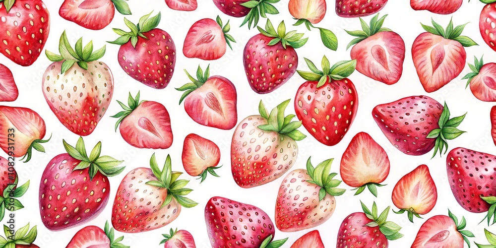 Watercolor Seamless Pattern with Red Strawberries, Isolated on White Background, Fruit Design, Food Illustration, Strawberry Pattern, Berry Design, Summer Food Watercolor Seamless Pattern with Red Strawberries, Isolated on White Background, Fruit Design, Food Illustration, Strawberry Pattern, Berry Design, Summer Food