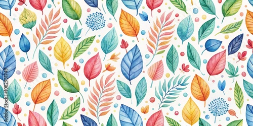 Watercolor Seamless Pattern with Colorful Leaves and Dots, watercolor, pattern, seamless, leaves, nature, design