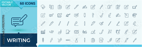Writing icon set. Featuring pencil, story, article, write, light, media, tool, feather. Outline symbol collection. Editable vector illustration.