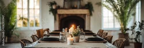Elegant dining setup with candles and black tableware during sunset indoors