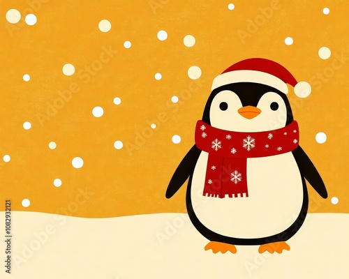 Cute penguin wearing a Santa hat and scarf, standing in the snow. photo