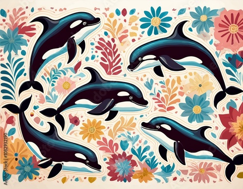 Dolphin colorful pattern wallpaper, whale colorful pattern background