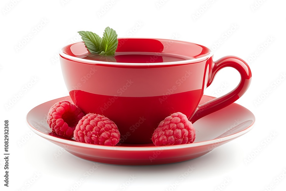 close up red cup on saucer with raspberries isolated on white background, fruit or herbal tea, healthy drink concept, fresh berry breakfast, international world tea day