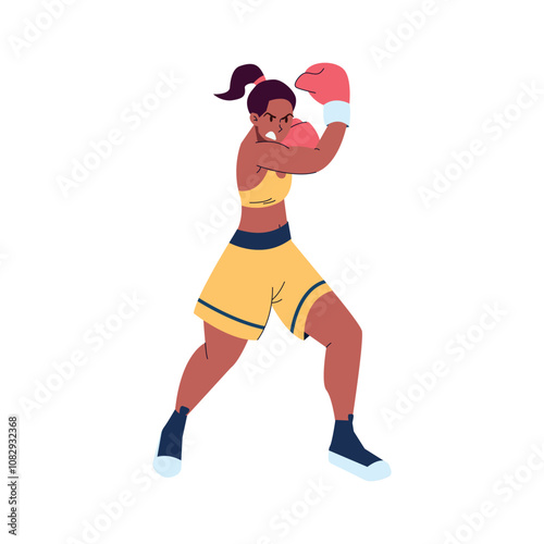 A young boxer girl in gloves strikes with a hook from below. The athlete attacks the opponent. A woman performing at competitions in a sports uniform with muscles. Vector illustration isolated on