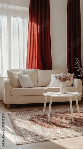 Modern living room with large windows and plants in a bright, serene environment