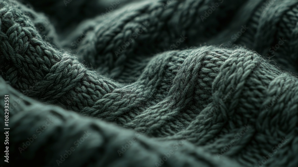Close up view of textured dark green knit fabric showcasing intricate patterns and softness Close up view of textured dark green knit fabric showcasing intricate patterns and softness