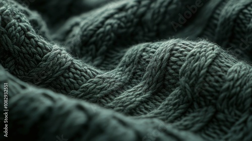 Close up view of textured dark green knit fabric showcasing intricate pattern...