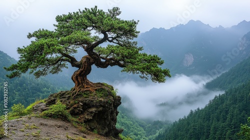 A solitary tree stands on a rocky outcrop amidst misty mountains and lush greenery.