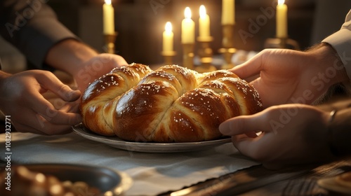 Sharing Challah at Shabbat Dinner Table photo